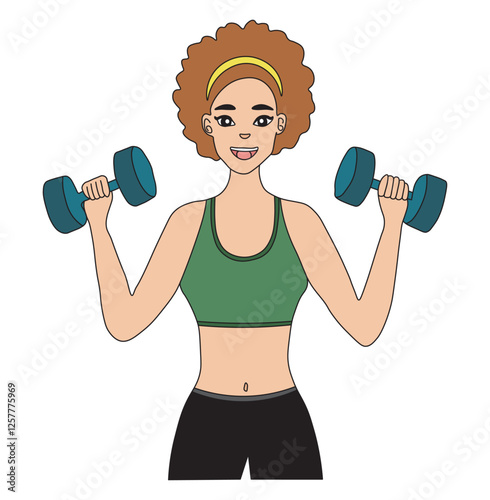 young woman exercising with dumbbells. Fit Woman Training with Dumbbells Strength Workout Vector Illustration.