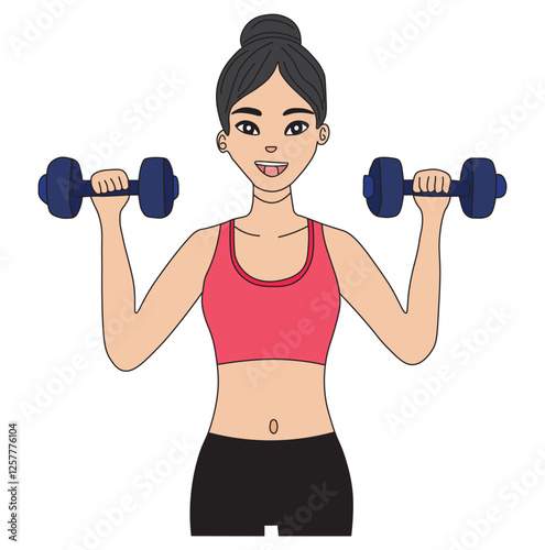 young woman exercising with dumbbells. Fit Woman Training with Dumbbells Strength Workout Vector Illustration.
