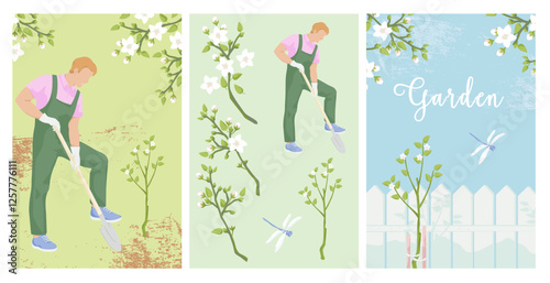 Gardening poster templates.Man with a shovel. Apple tree seedling. Set Elements for background, brochure covers, marketing materials, postcards