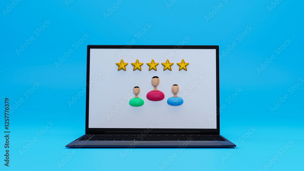 3D Customer Review Rating Concept – Laptop Screen Displaying Five-Star Feedback with User Avatars, Online Reputation, Client Satisfaction, and Digital Reviews 3D Customer Review Rating Concept – Laptop Screen Displaying Five-Star Feedback with User Avatars, Online Reputation, Client Satisfaction, and Digital Reviews