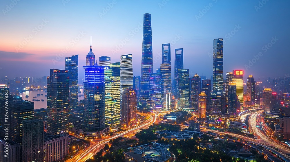 Obraz premium Shanghai cityscape illuminated at dusk, showcasing skyscrapers and vibrant city lights with river view