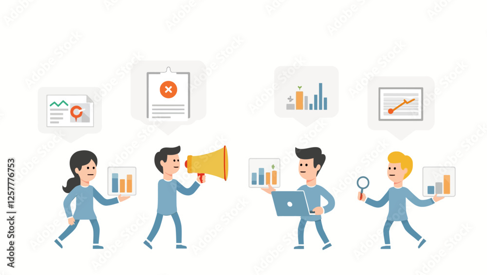 Team collaboration in business analysis and data visualization. A creative vector illustration showcasing teamwork, statistics, and digital marketing. Team collaboration in business analysis and data visualization. A creative vector illustration showcasing teamwork, statistics, and digital marketing.