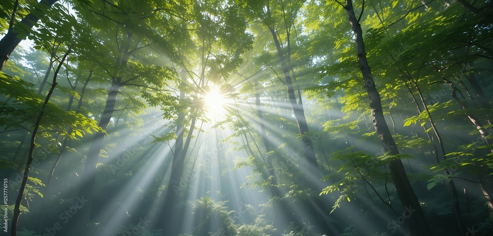 Obraz premium Sunlight Streaming Through Verdant Forest Canopy: A Symphony of Light and Nature