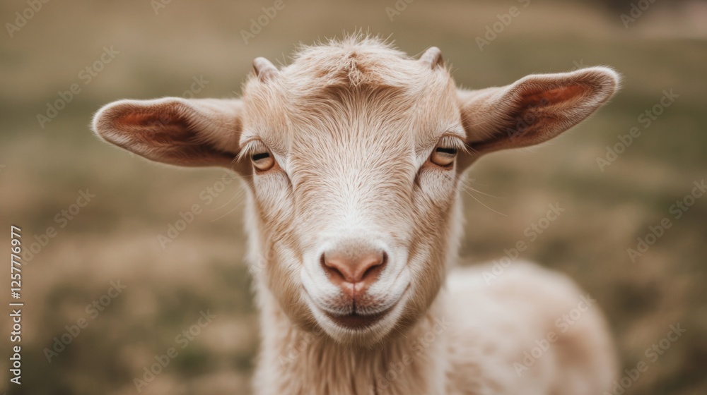 Young goat portrait, farm field background, pet animal Young goat portrait, farm field background, pet animal