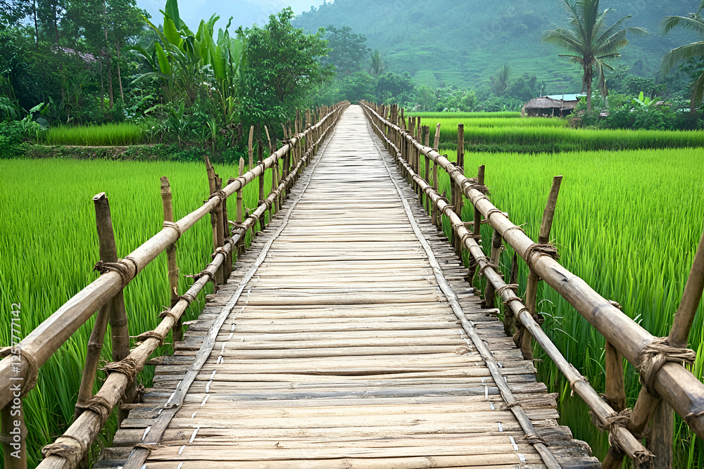 Fototapeta premium Bamboo Bridge Over Green Fields