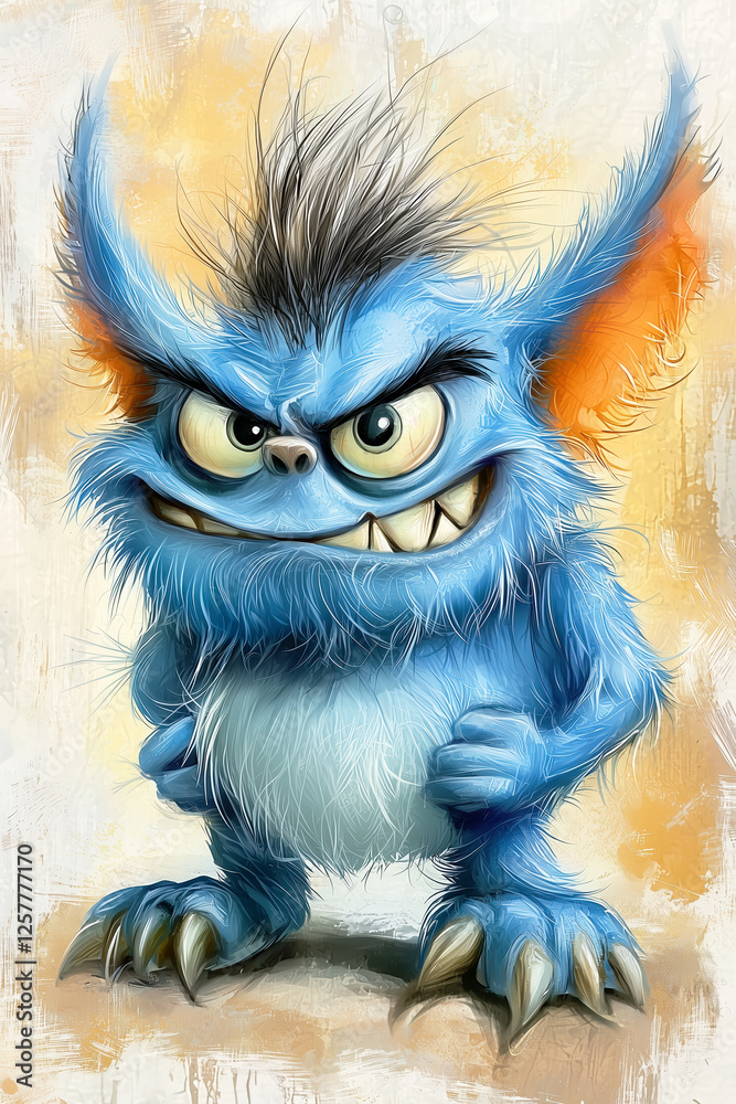 Blue furry creature with sharp claws and mischievous grin