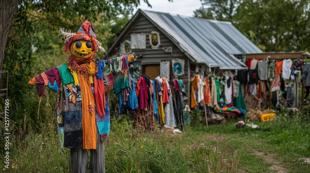 Colorful Scarecrow in a Rustic Garden Colorful Scarecrow in a Rustic Garden