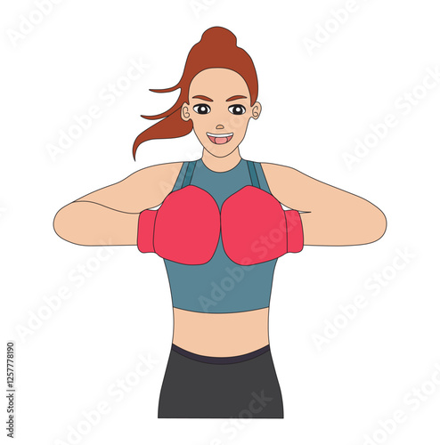 woman with boxing gloves. Strong Woman Boxer Ready for Training Powerful Female Athlete Vector Illustration.