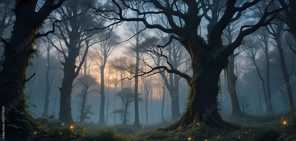 An ethereal forest scene at twilight, with trees draped in vines and illuminated by the soft glow of fireflies. An ethereal forest scene at twilight, with trees draped in vines and illuminated by the soft glow of fireflies.