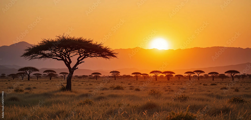 The golden light of sunrise casting a warm glow over the vast savannah, with acacia trees and distant mountains in the background. The golden light of sunrise casting a warm glow over the vast savannah, with acacia trees and distant mountains in the background.