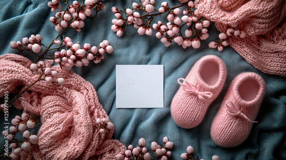 Fototapeta premium Cozy Spring Flatlay with Soft Knitted Booties and Blossom Branches
