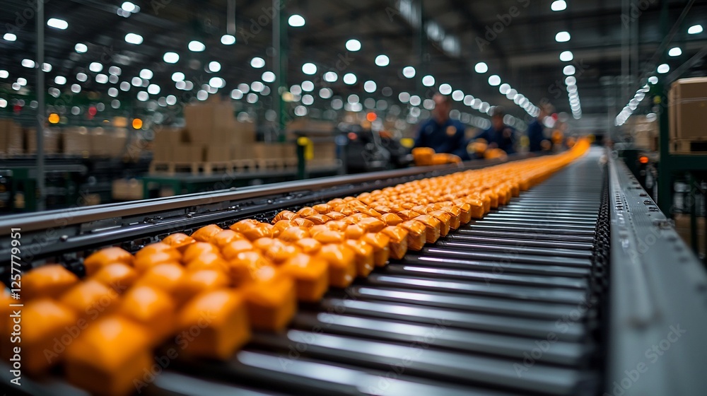 Fototapeta premium Assembly line showcasing the production of orange cheese blocks in a bustling factory setting