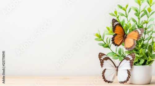 Two butterflies sitting on top of a plant in a white pot