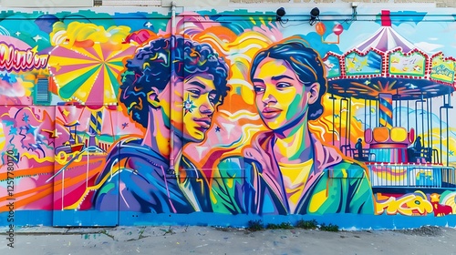 A vibrant mural of two friends at a carnival, painted on a wall with a fairground mockup on the side.