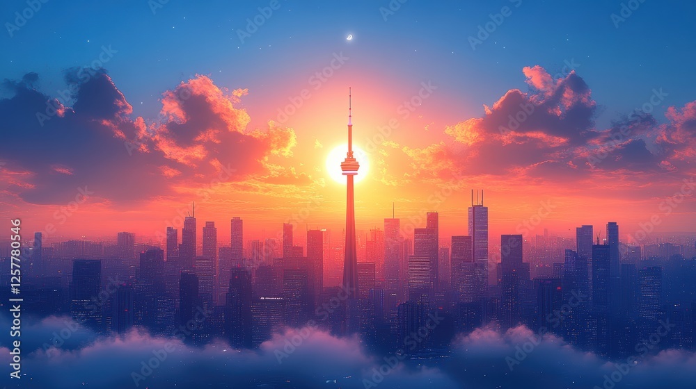 Fototapeta premium Towering Skyline at Sunset with Fiery Clouds