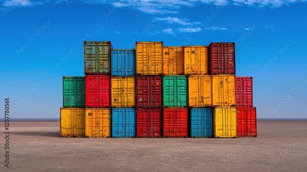Fototapeta premium Stacked shipping containers in vibrant colors against a clear blue sky, set on a barren landscape, creating a striking visual contrast.