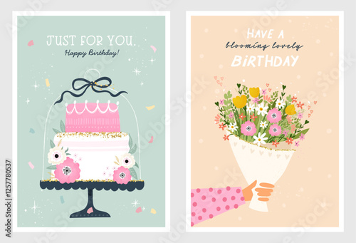 Set of birthday postcards with  confetti, cake, flowers and hand writing. Greeting postcard, happy birthday. Vector templates great for card, poster, flyer or banner