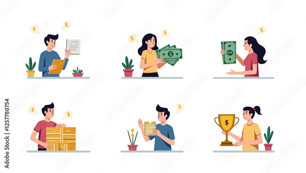 A collection of business professionals handling finances, earnings, and career achievements, representing success and financial independence. A collection of business professionals handling finances, earnings, and career achievements, representing success and financial independence.
