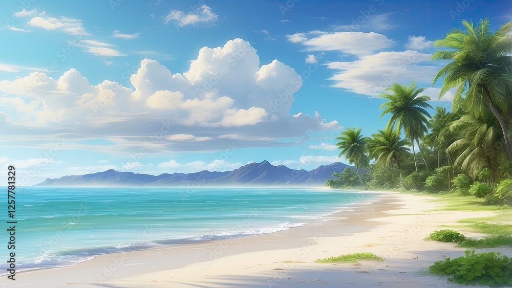 Fototapeta premium A serene beach scene with white sand, gentle waves