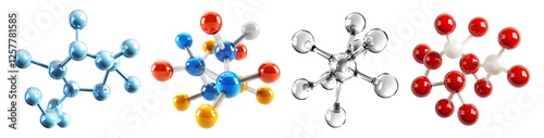 Set of colorful molecular structures, isolated on transparent cutout background