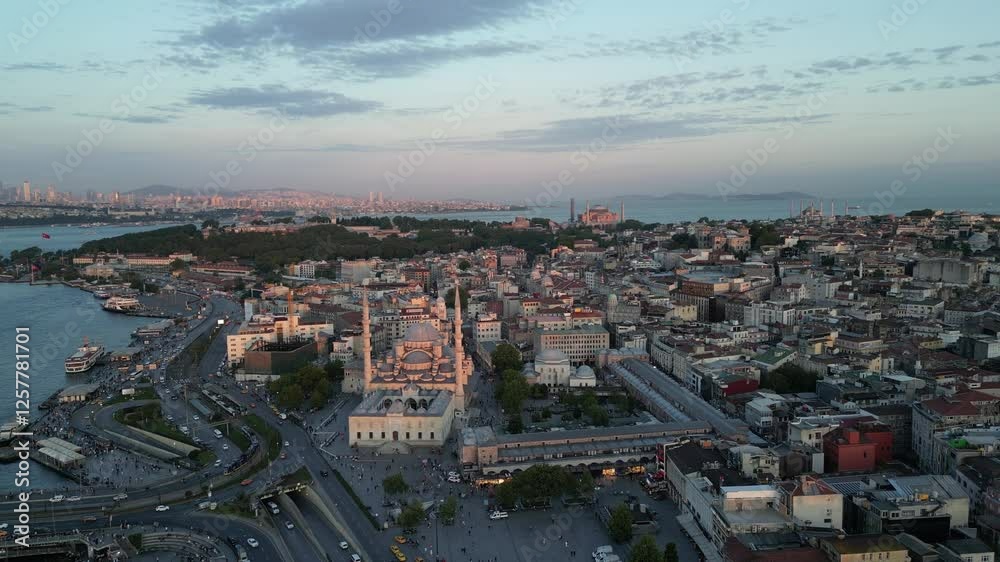 Drone flight over the city of Istanbul in Turkey. The golden hour, just before sunset. View of the mosques in the city Drone flight over the city of Istanbul in Turkey. The golden hour, just before sunset. View of the mosques in the city