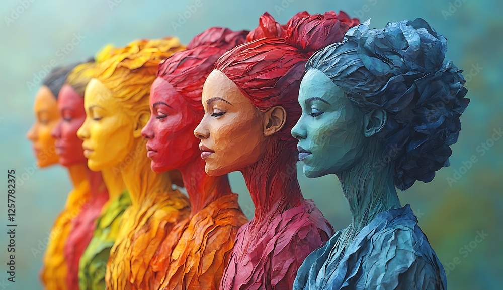 Fototapeta premium Five Abstract Sculptures in Vibrant Colors with Flowing Textures and Hair like Forms