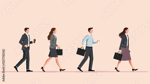 Business executives walking confidently with briefcases and coffee, representing leadership, ambition, and a professional lifestyle.