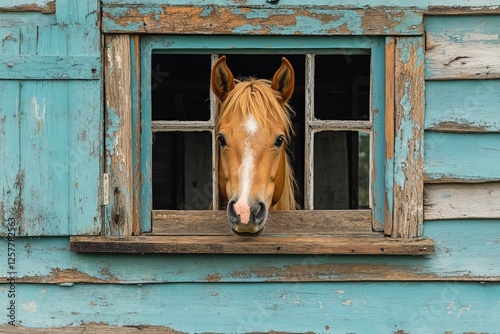 Horse peeking through window of rustic building with weathered blue wood photo