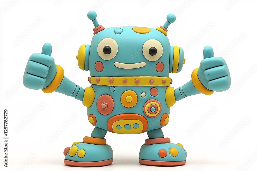 Cheerful, colorful claymation robot with antenna, patterned body, giving two thumbs up against a white background. Cheerful, colorful claymation robot with antenna, patterned body, giving two thumbs up against a white background.
