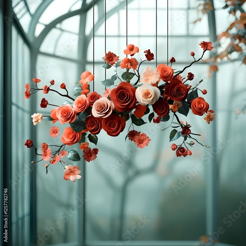 Lush avant garde floral garland with abstract rose motifs in a modern architectural design  Striking visual contrast of hard and soft elements in a rich jewel toned palette