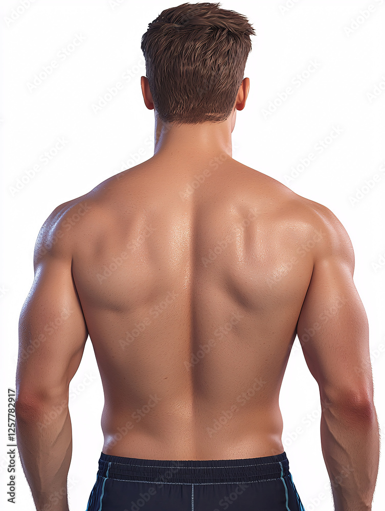 Fototapeta premium Rear view of a man's muscular back, with focus on the shoulder muscles and upper torso against a white background.