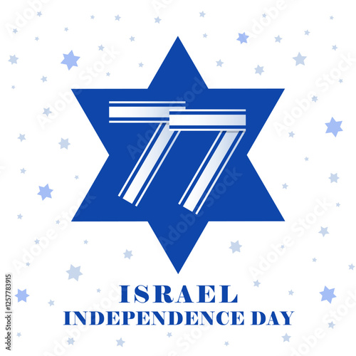 77 years Israel Independence Day logo in magen David shape. Greeting poster with 77th years anniversary Yom Ha'atzmaut. Vector illustration