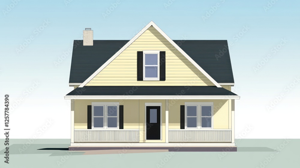 Yellow house architectural rendering, front view, suburban setting, home design Yellow house architectural rendering, front view, suburban setting, home design