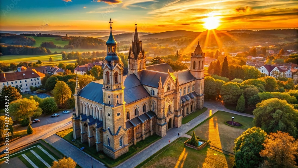 Obraz premium Aerial View of Catholic Study Cultural Building, Drone Photography