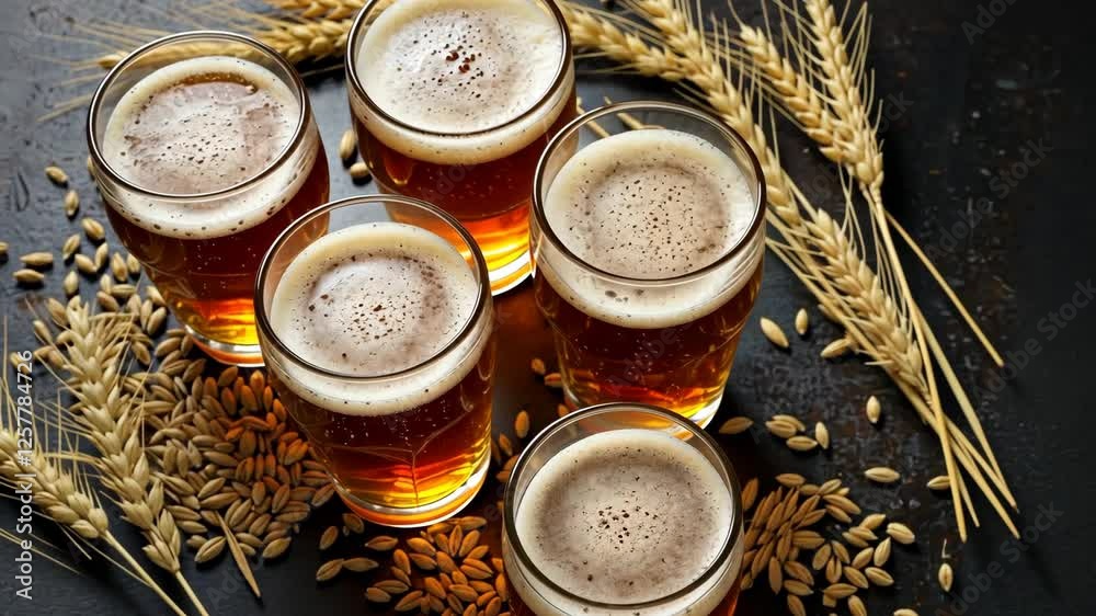 Beer, glass and wheat with alcoholic drink, barley and brewery with golden beverage. Refreshment, celebration and pub with cold beer, craft beer or alcohol