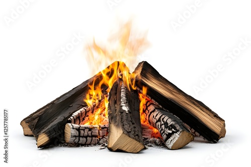 Burning firewood campfire isolated white background photo