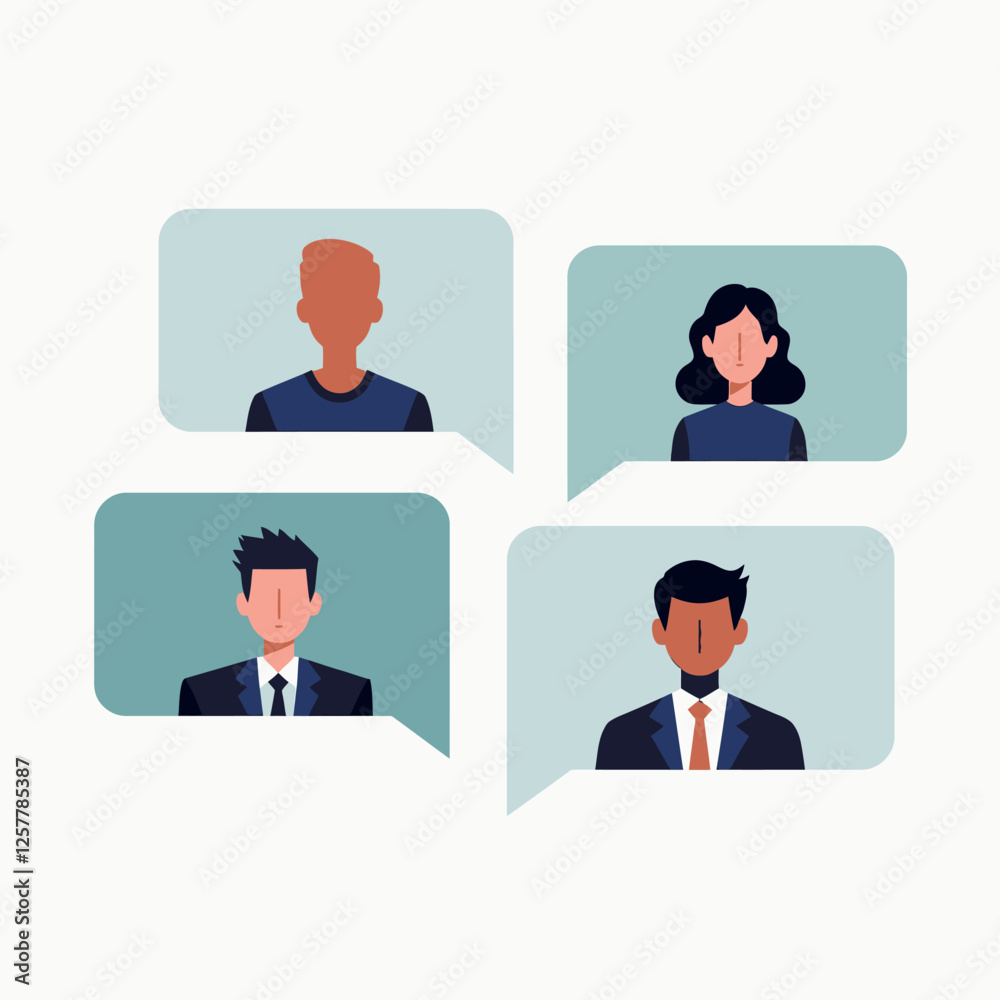 A flat vector illustration of four business professionals in a virtual meeting, depicted in speech bubbles. Represents teamwork, digital communication, and remote collaboration. A flat vector illustration of four business professionals in a virtual meeting, depicted in speech bubbles. Represents teamwork, digital communication, and remote collaboration.