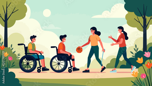 A diverse group of people with disabilities, including wheelchair users and a visually impaired individual, enjoying a walk in nature, fostering inclusivity and accessibility.