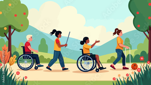 A diverse group of people with disabilities, including wheelchair users and a visually impaired individual, enjoying a walk in nature, fostering inclusivity and accessibility.