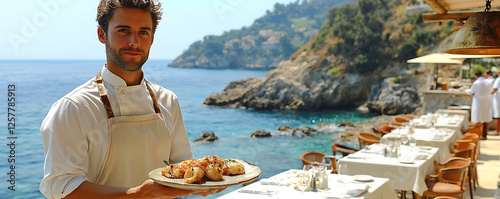 Handsome chef presents a delicious seafood dish against a stunning coastal backdrop.  Perfect for culinary, travel, or lifestyle publications evokes luxury, freshness, and Mediterranean charm.