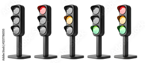 Set of traffic lights, isolated on transparent cutout background