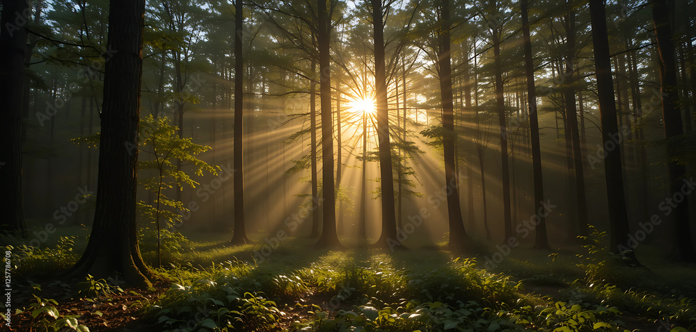 Fototapeta The first light of dawn filtering through the trees in a forest, casting long shadows and illuminating the dew-covered foliage.