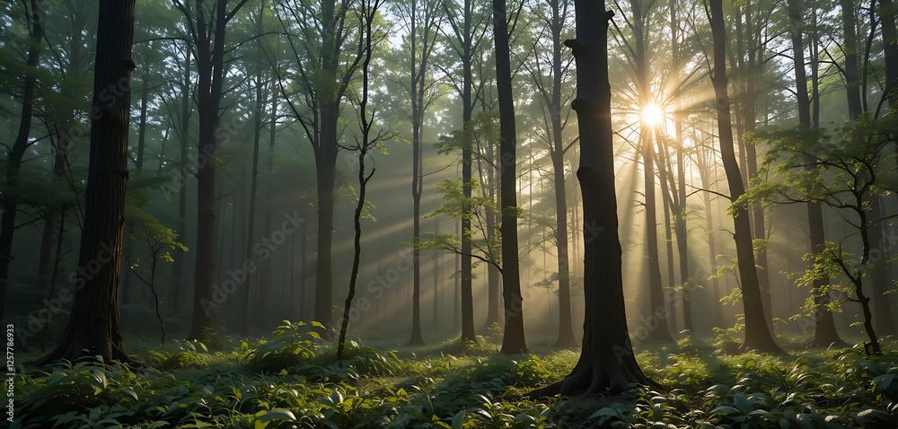Fototapeta The first light of dawn filtering through the trees in a forest, casting long shadows and illuminating the dew-covered foliage.