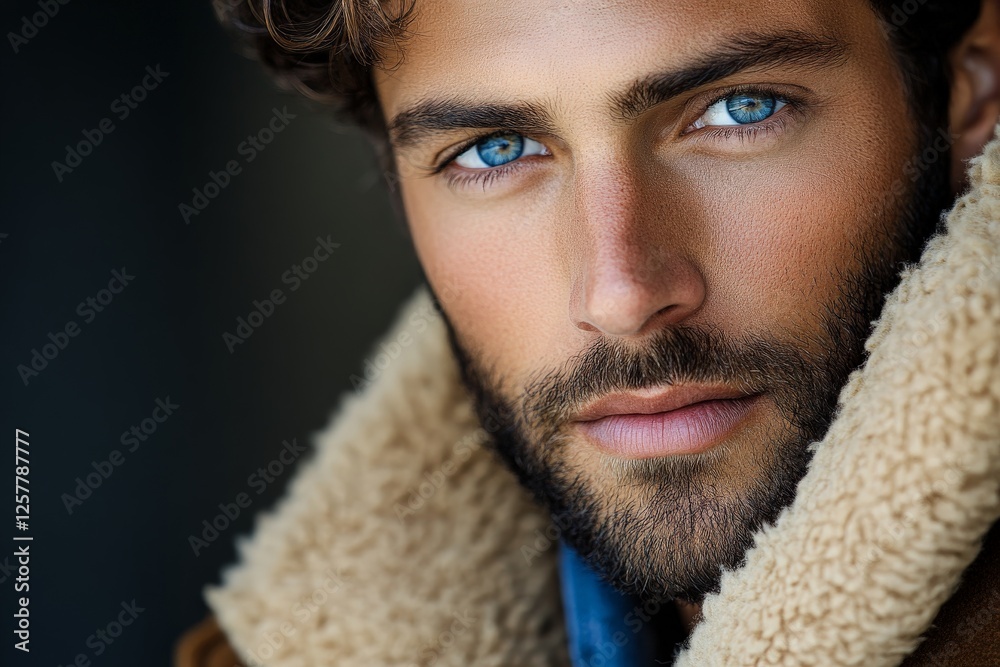 Captivating close-up of a man with striking blue eyes and a rugged beard wearing a warm coat Captivating close-up of a man with striking blue eyes and a rugged beard wearing a warm coat