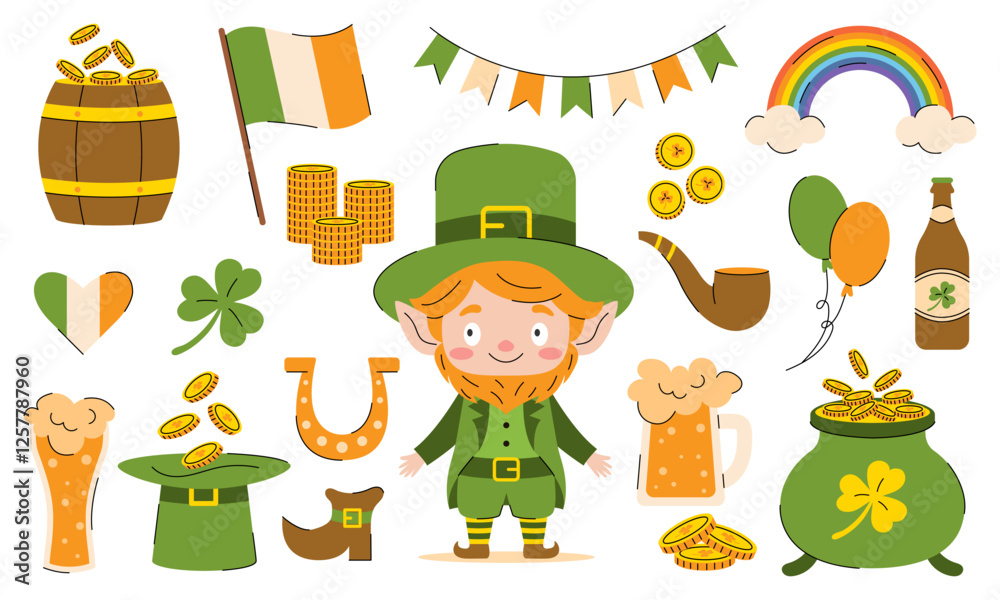 Fototapeta premium Collection of St. Patrick's Day elements with leprechaun, clover, rainbow and other symbols of the holiday on a white background.