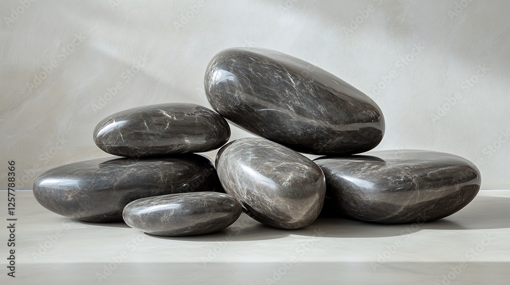 Smooth dark stones softly lit create serene minimalist scene. AI Generated