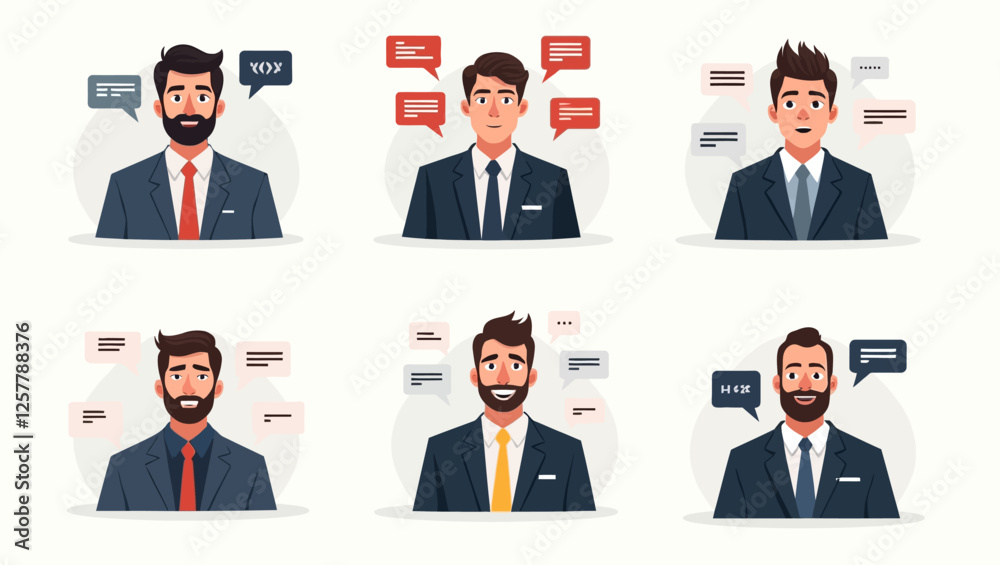 Male characters in various positions demonstrate different communication styles in the business world. Vector illustration of giving presentations, talking on the phone and professional interactions. Male characters in various positions demonstrate different communication styles in the business world. Vector illustration of giving presentations, talking on the phone and professional interactions.