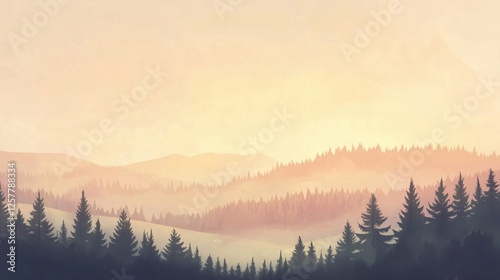Minimalist Scandinavian nature illustration, serene Nordic landscapes, misty pine forests, gentle rolling hills, pastel sunset sky, clean line art, soft earthy tones, tranquil and peaceful atmosphere,