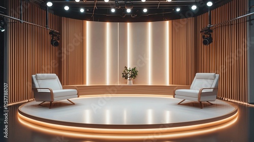 Minimalist Scandinavian TV studio, sleek modern interior, clean neutral color palette, soft warm lighting, 