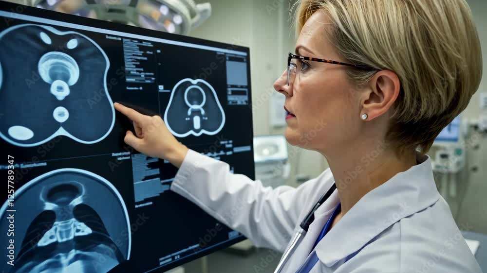 Doctor, scan and woman looking at X-ray for diagnosis, analysis and healthcare, medical professional, radiologist and examination with patient records, technology and monitor for research Doctor, scan and woman looking at X-ray for diagnosis, analysis and healthcare, medical professional, radiologist and examination with patient records, technology and monitor for research